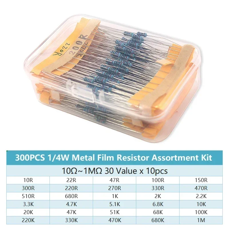 Resistor Kit 1 4W - 300/600PCS 30값 1/4W 금속 필름 저항기