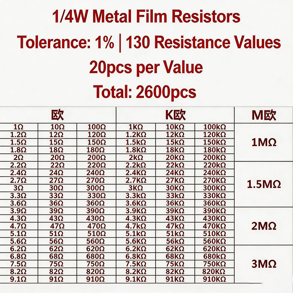 2600개 금속 필름 저항기 모듬 팩 130가지 값 1 - Resistor Kit 1 4W 리뷰 및 가격